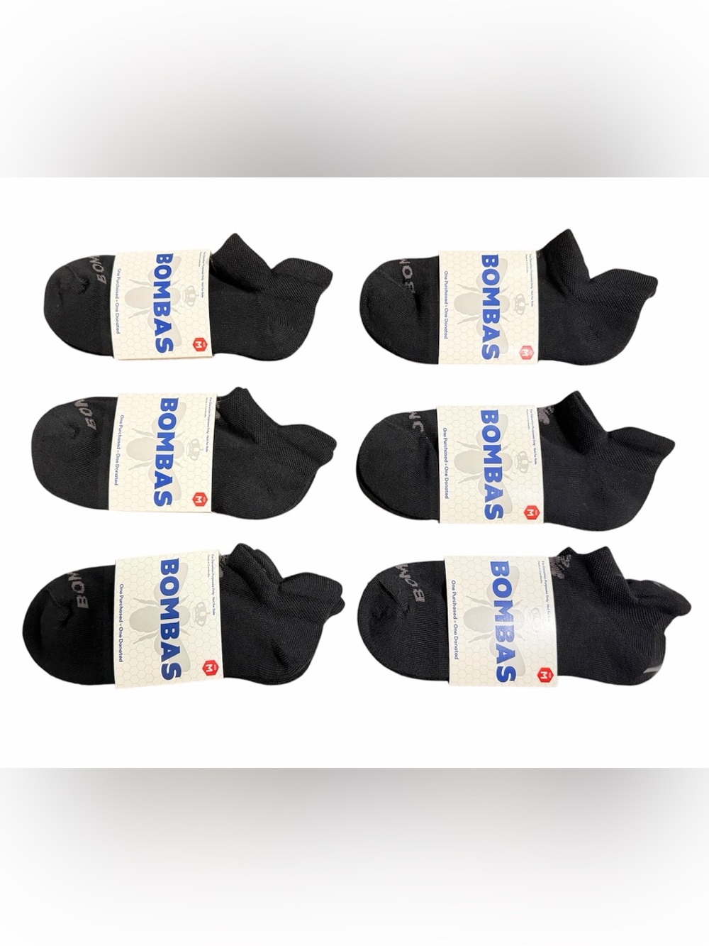 Bombas 6-Pack, Ankle Sock Tech Black Honeycomb Blister Tab Performance Medium